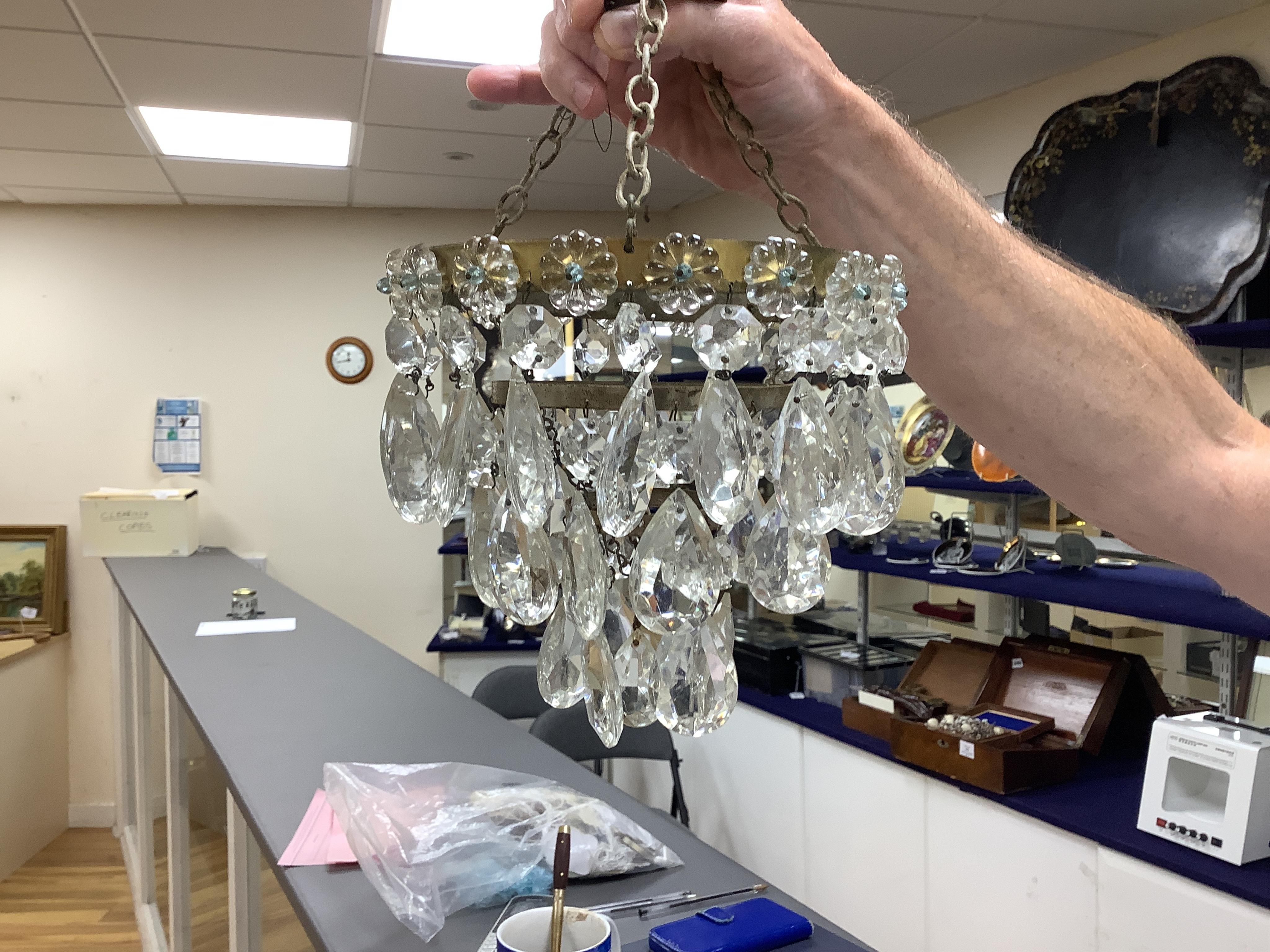 Two metal and glass lanterns, and a bag chandelier (3)
